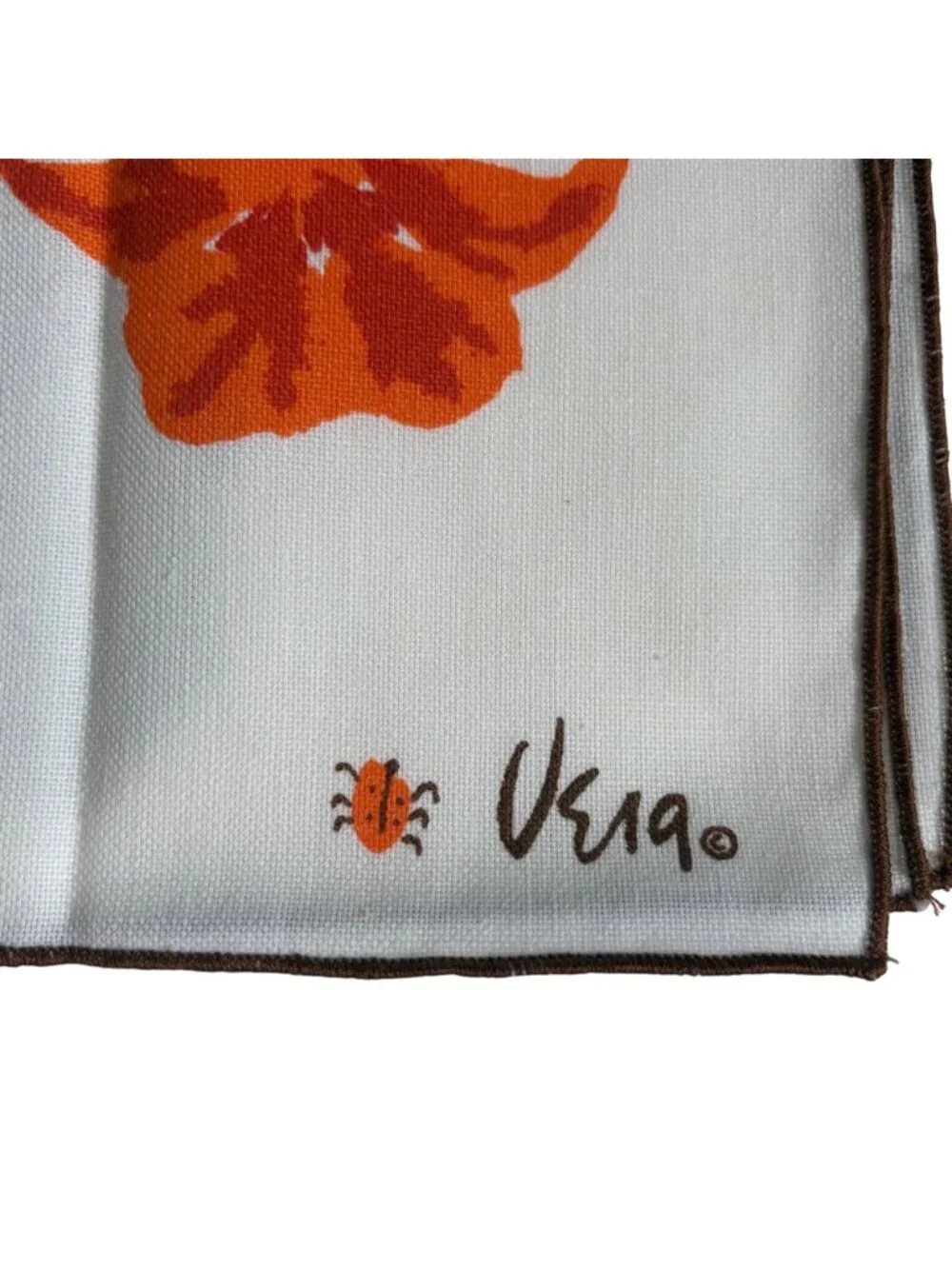 Vintage Vera Neumann Floral Napkins Set Of 4 White Orange Brown Cotton Ladybug